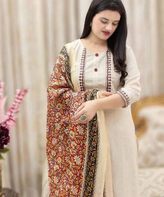 Cream cotton poly embroidered kurta set 4