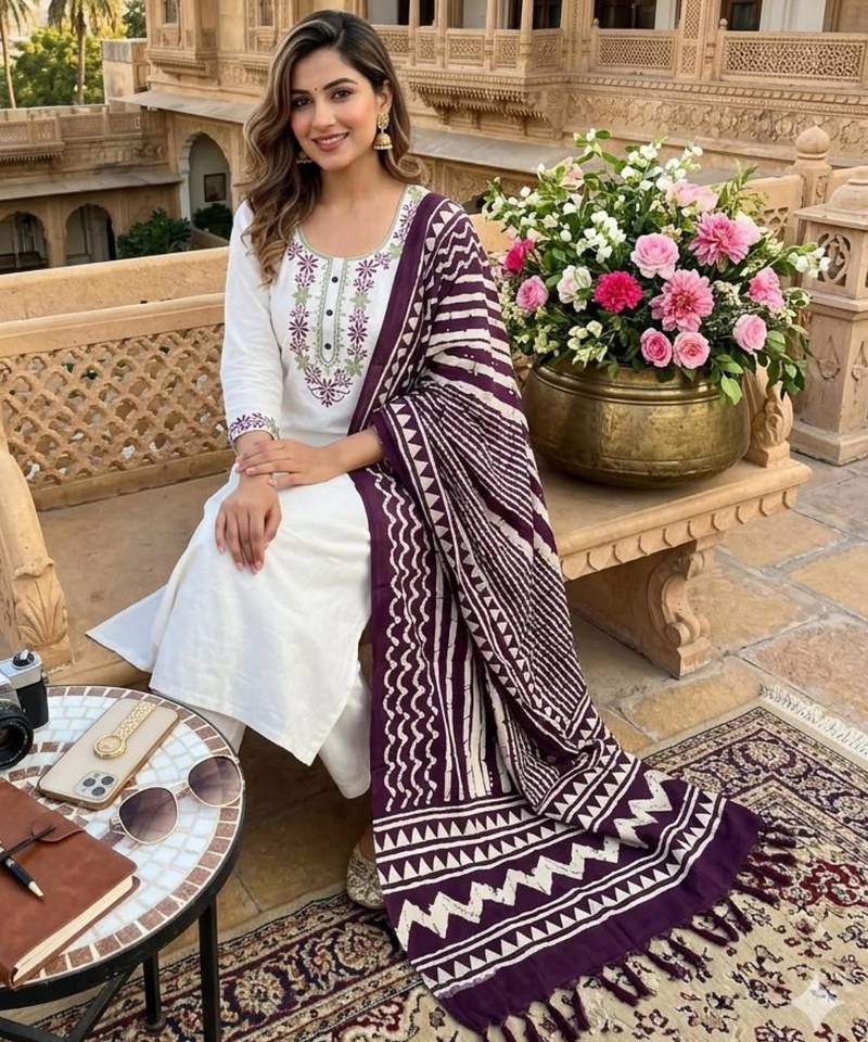 Cream cotton poly embroidered kurta set