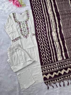 Cream cotton poly embroidered kurta set 2