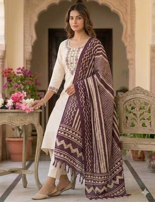Cream cotton poly embroidered kurta set 3