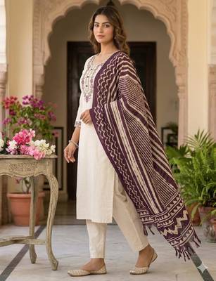 Cream cotton poly embroidered kurta set 4