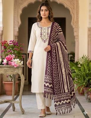 Cream cotton poly embroidered kurta set 5