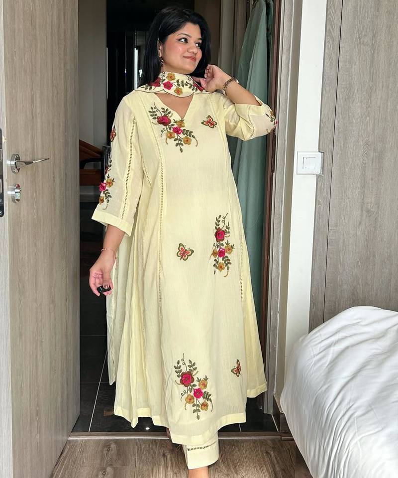 Light-yellow silk blend embroidered anarkali set