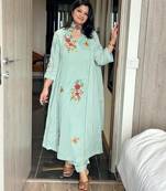 Light-green silk blend embroidered anarkali set