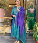 Teal chanderi embroidered kurta set