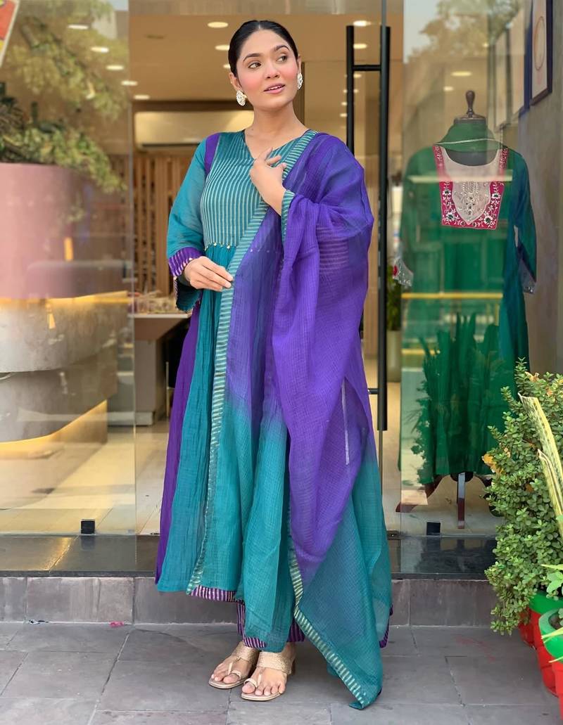 Teal chanderi embroidered kurta set