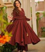 Maroon chanderi printed flared gown set
