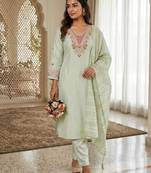 Light-green silk blend embroidered kurta set