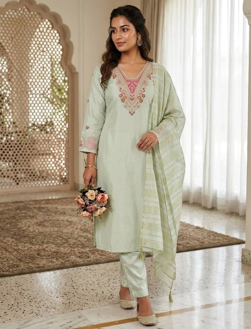 Light-green silk blend embroidered kurta set