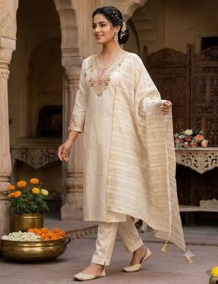 Cream silk blend embroidered kurta set 1