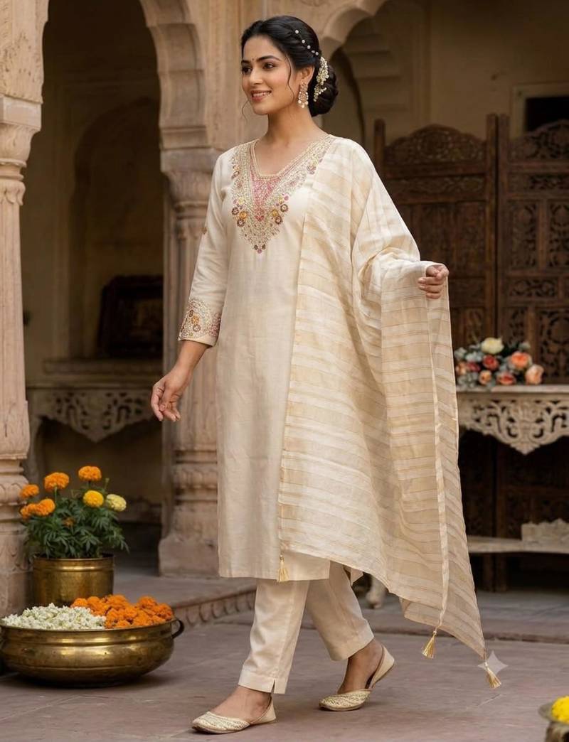 Cream silk blend embroidered kurta set