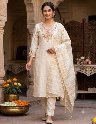 Cream silk blend embroidered kurta set 3