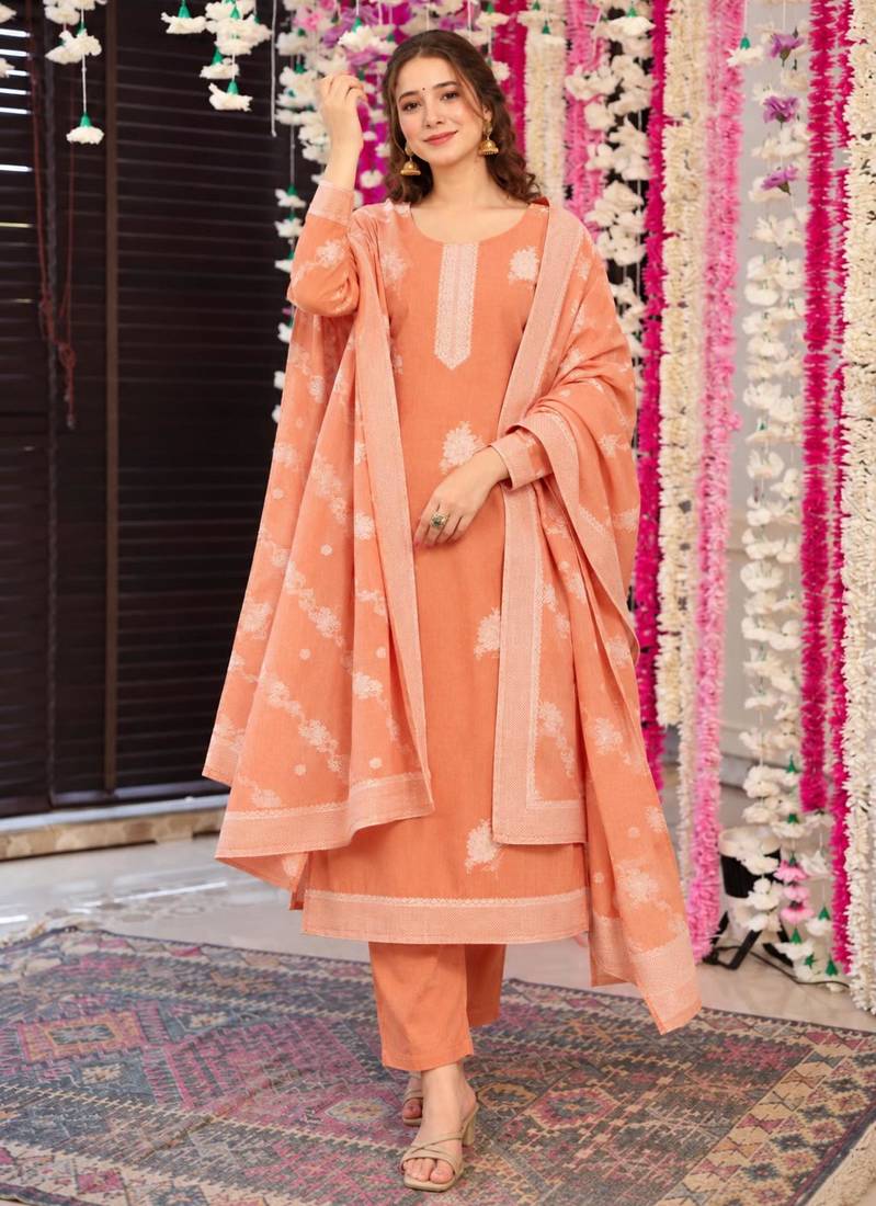 Peach cotton poly embroidered kurta set