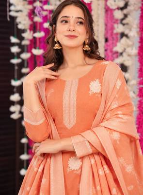 Peach cotton poly embroidered kurta set 3