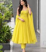 Yellow faux georgette stone work anarkali set