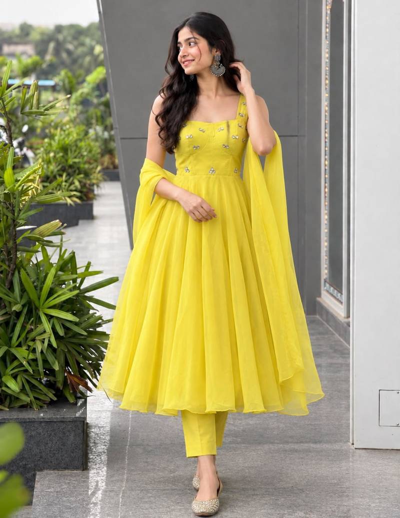 Yellow faux georgette stone work anarkali set