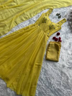 Yellow faux georgette stone work anarkali set 2