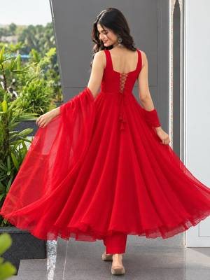 Red faux georgette stone work anarkali set 1