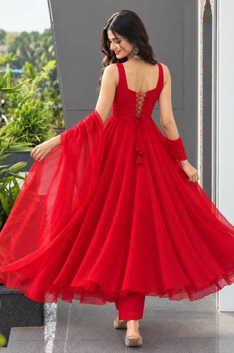Red faux georgette stone work anarkali set