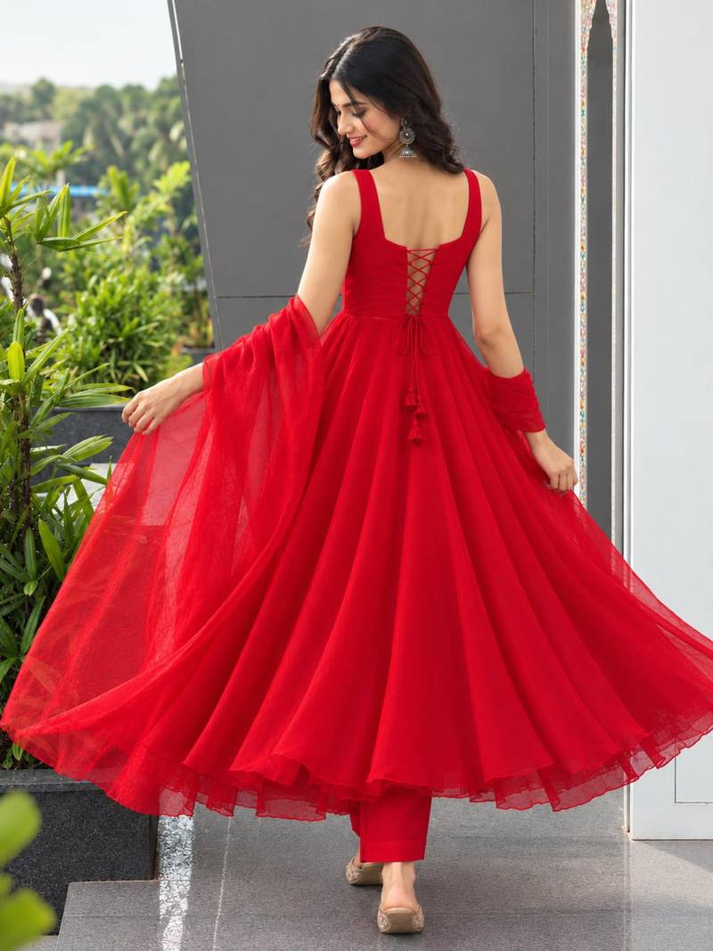 Red faux georgette stone work anarkali set