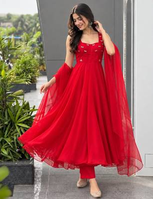 Red faux georgette stone work anarkali set 2