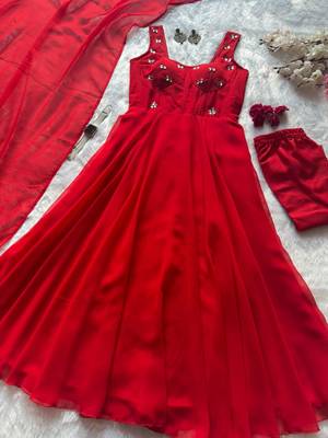 Red faux georgette stone work anarkali set 3