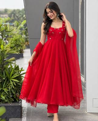Red faux georgette stone work anarkali set 4