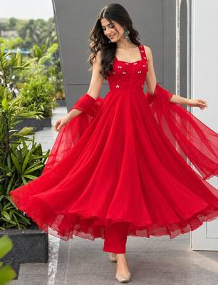 Red faux georgette stone work anarkali set 5