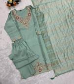 Sea-green silk blend embroidered kurta set