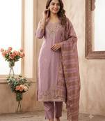 Lavender silk blend embroidered kurta set