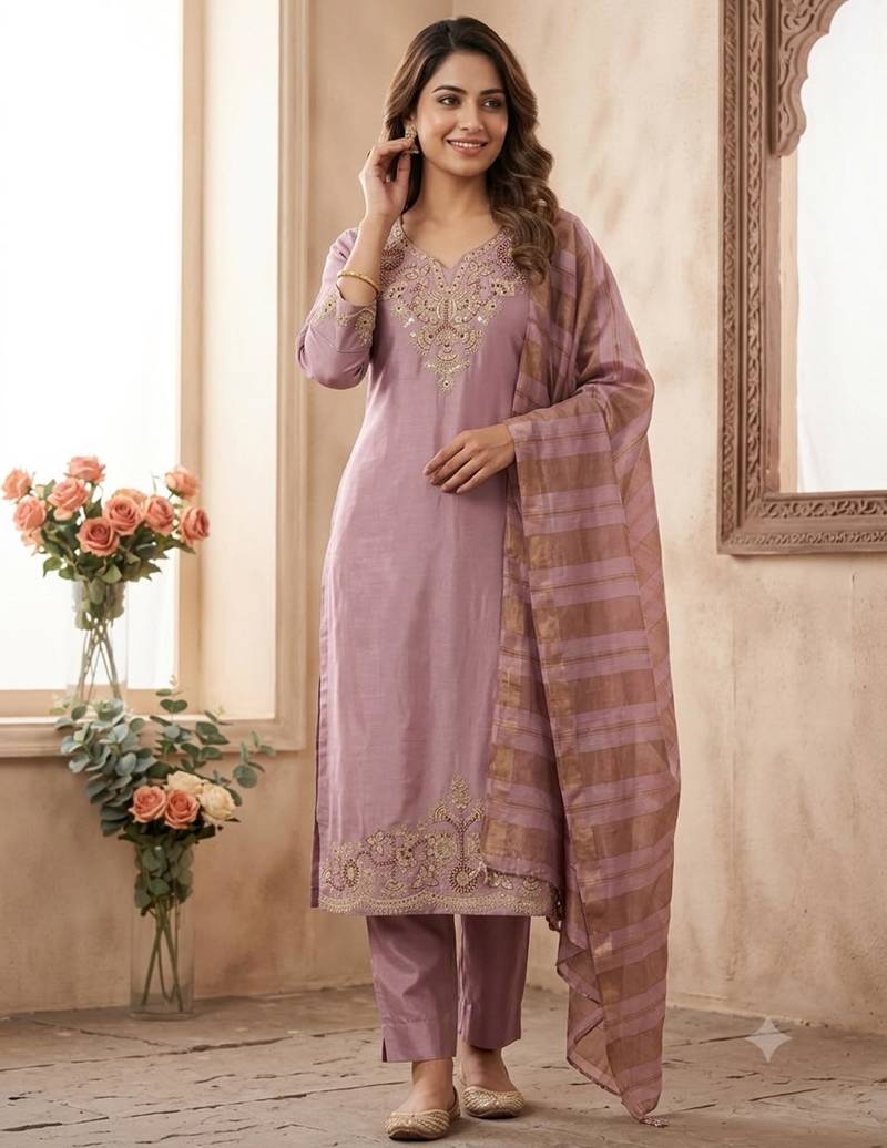Lavender silk blend embroidered kurta set