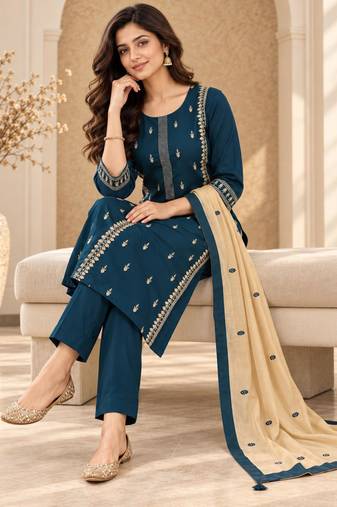 Teal-blue cotton poly embroidered kurta set