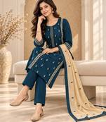 Teal-blue cotton poly embroidered kurta set