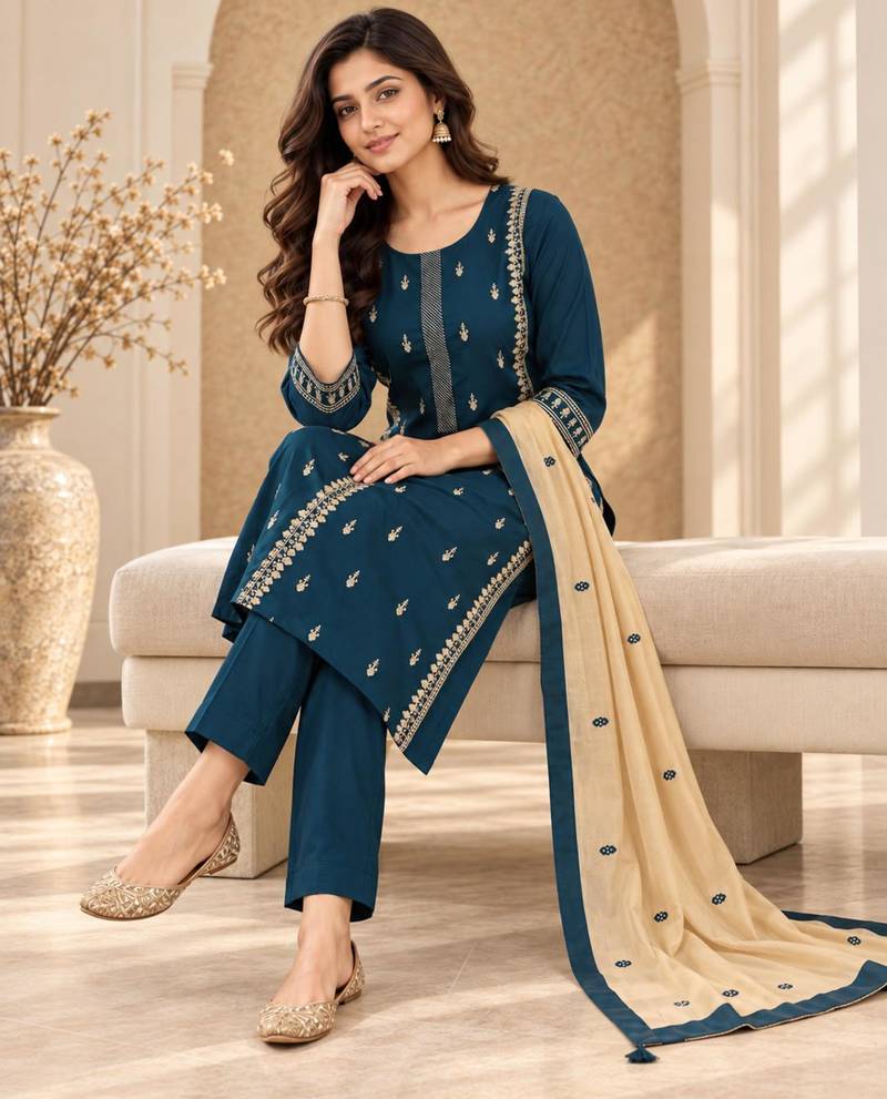 Teal-blue cotton poly embroidered kurta set