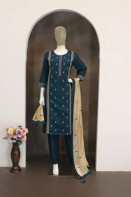 Teal-blue cotton poly embroidered kurta set 2