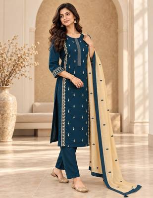 Teal-blue cotton poly embroidered kurta set 3
