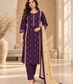 Purple cotton poly embroidered kurta set