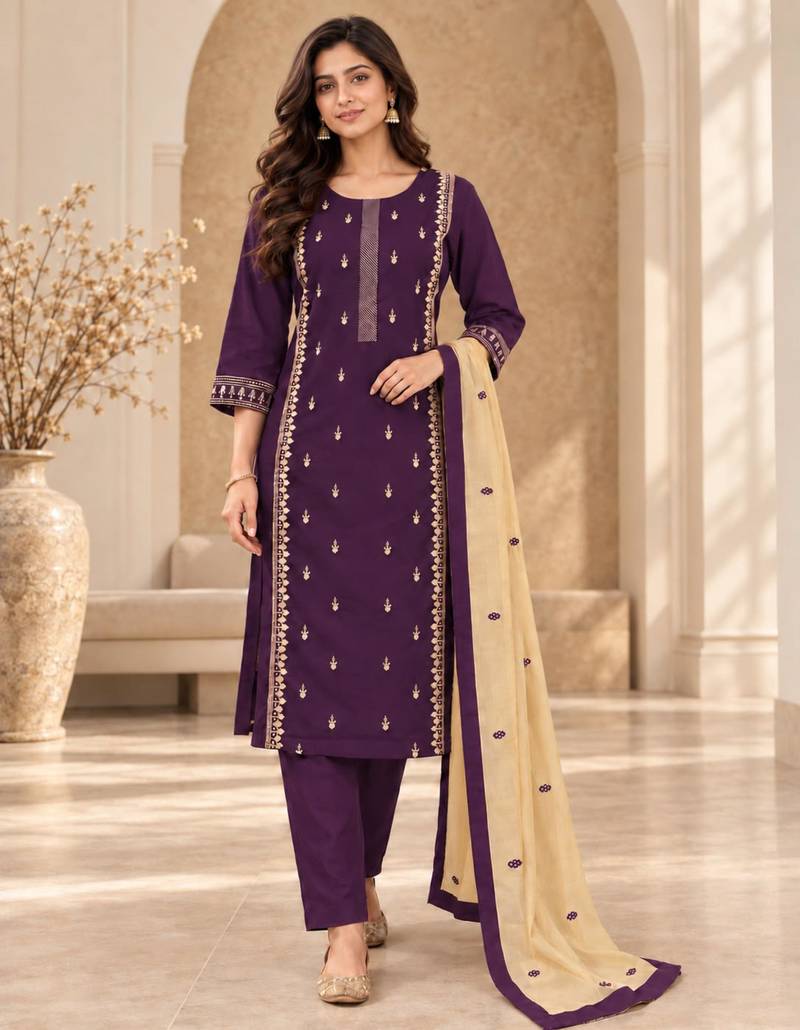 Purple cotton poly embroidered kurta set