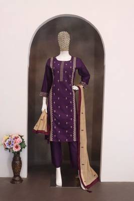 Purple cotton poly embroidered kurta set 2