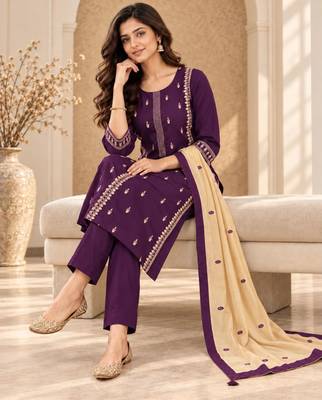 Purple cotton poly embroidered kurta set 3