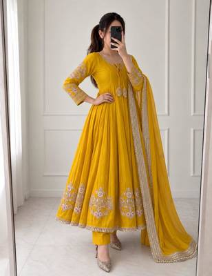 Dark-yellow chanderi hand embroidery anarkali set 1