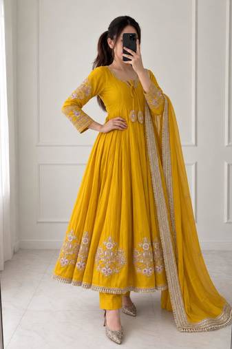 Dark-yellow chanderi hand embroidery anarkali set