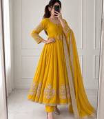 Dark-yellow chanderi hand embroidery anarkali set
