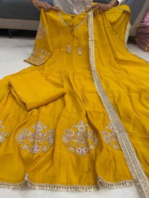 Dark-yellow chanderi hand embroidery anarkali set 2
