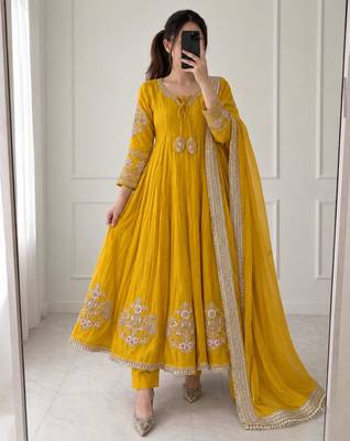 Dark-yellow chanderi hand embroidery anarkali set 3