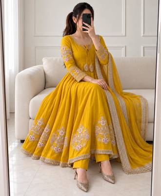 Dark-yellow chanderi hand embroidery anarkali set 4