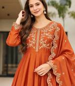 Orange silk blend embroidered anarkali set