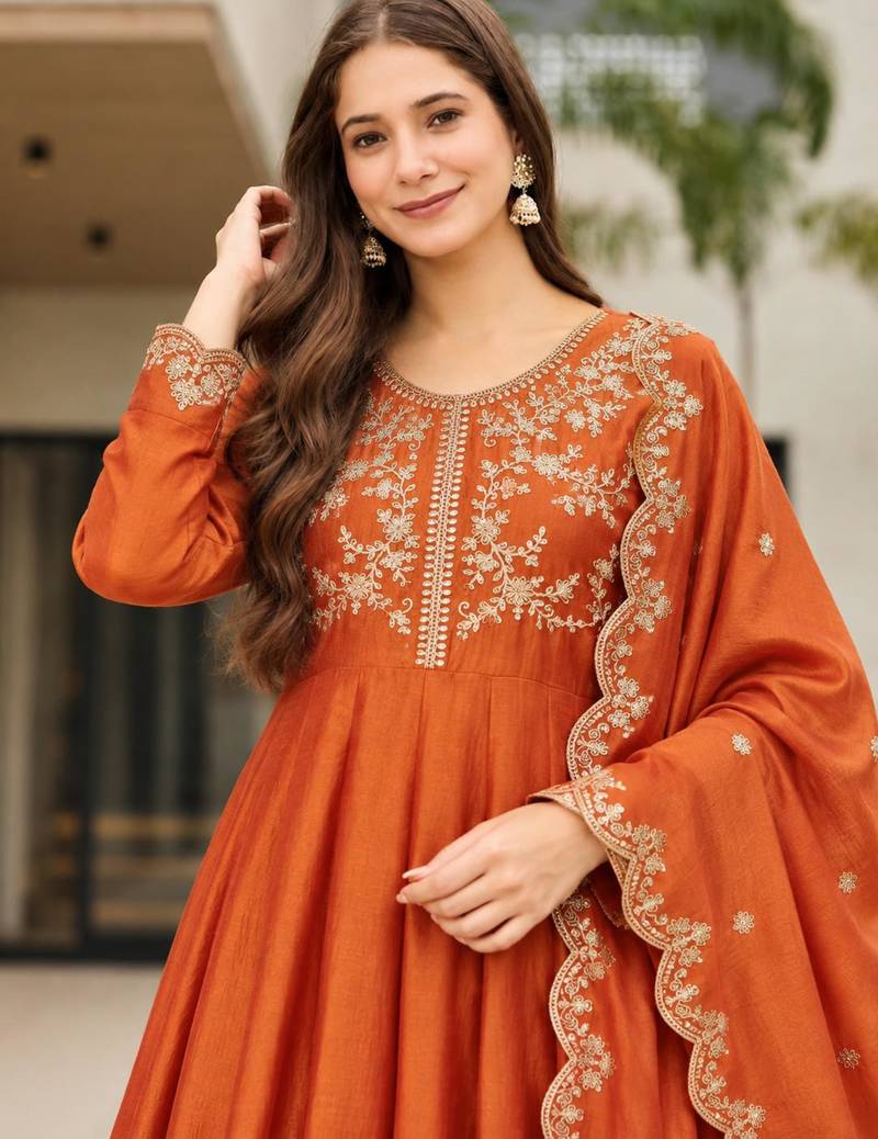 Orange silk blend embroidered anarkali set