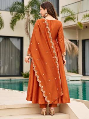 Orange silk blend embroidered anarkali set 3