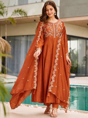 Orange silk blend embroidered anarkali set 4